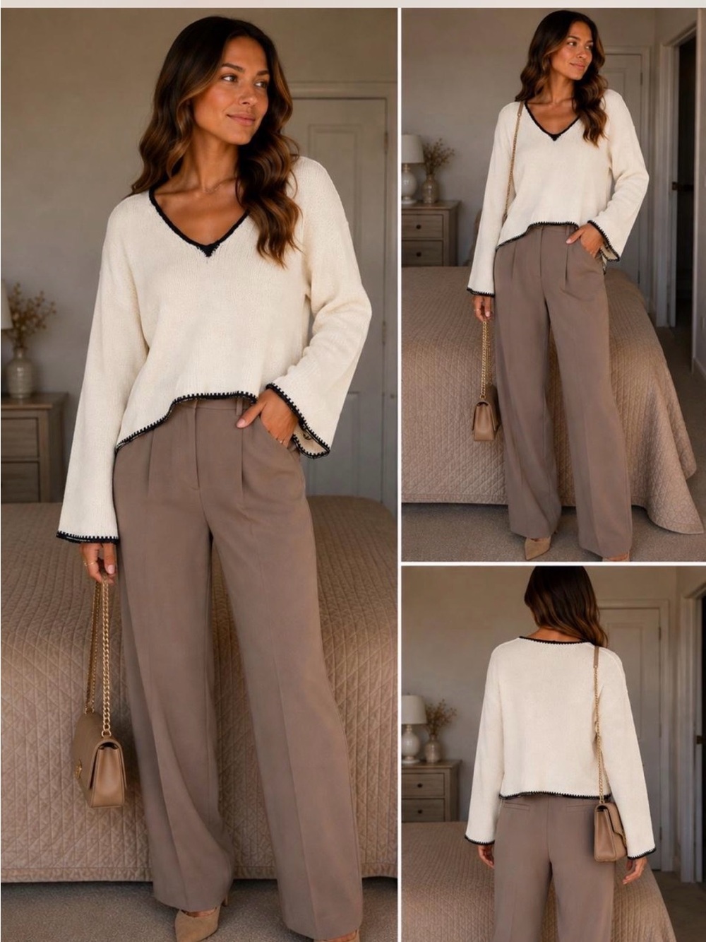 SHEIN Cream V-Neck Sweater with Black Trim & Taupe Wide-Leg Pants